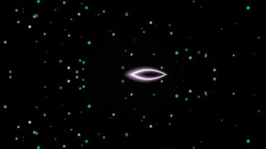 Siyah bir fonda yüzen ve parıldayan yeşil bokeh ışıklarının animasyon arkaplanı. Şenlikli ve rüya gibi..