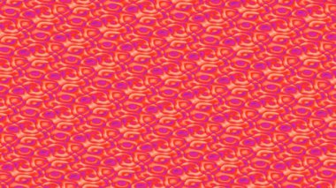 Kırmızı ve turuncu daireler ve şekillerden oluşan tekrarlı bir şablona sahip canlı soyut bir arka plan, dinamik bir doku yaratıyor..