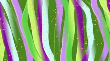 Dinamik soyut arka planda yeşil, mor ve mavi renkli altın parıltılı dalgalı çizgiler var..