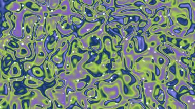 Canlı yeşil ve mor renkli organik sıvı şekilli, küçük beyaz noktalı büyüleyici soyut bir arka plan..