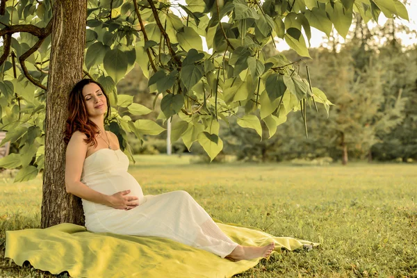 Těhotná žena, sedící v trávě. teplé počasí — Stock fotografie