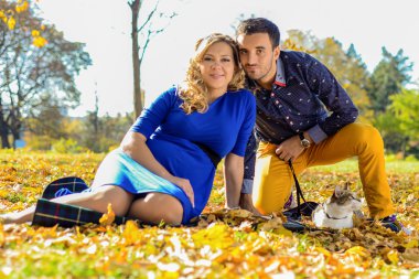 Sarı yapraklar parkta oturan genç hamile Çift