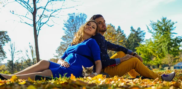 Jovem casal grávida sentado em folhas amarelas no parque — Fotografia de Stock