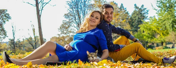 Молода вагітна пара сидить на жовтому листі в парку — стокове фото
