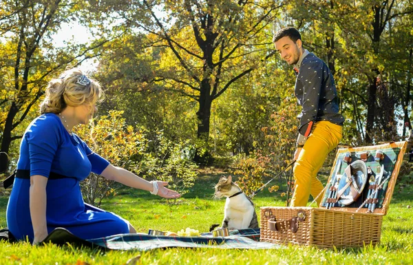 Pregnant happy and smiling couple on picnic with cat