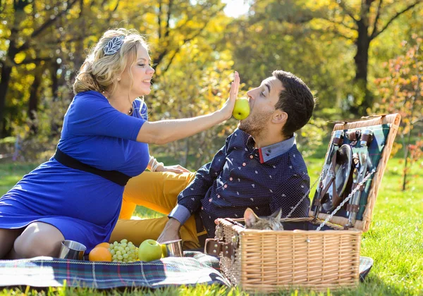 W ciąży szczęśliwa i uśmiechnięta para na piknik z kotem — Zdjęcie stockowe