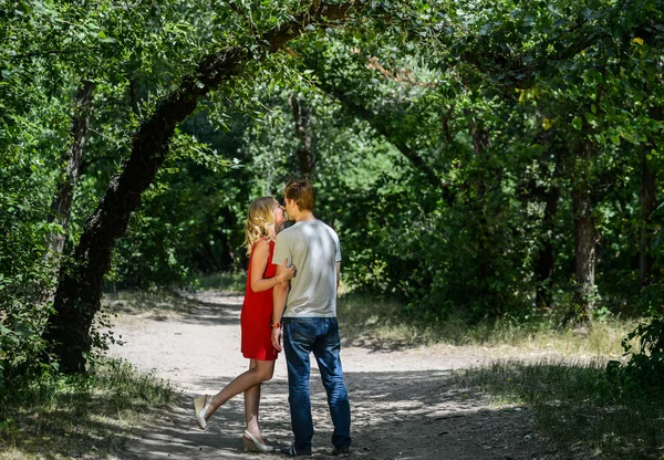 年轻漂亮的夫妻在绿色的夏天公园 — 图库照片