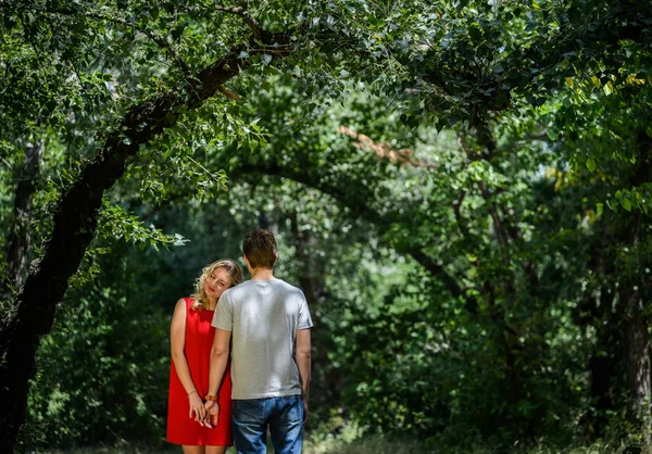 年轻漂亮的夫妻在绿色的夏天公园 — 图库照片