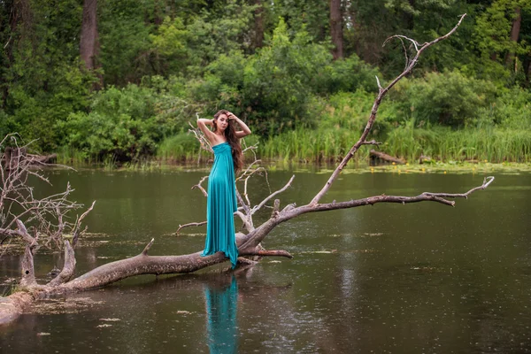 Mädchen mit Kleid steht in Fluss in Waldnähe — Stockfoto