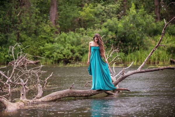 Dívka, která nosí šaty stojí v řece u lesa — Stock fotografie