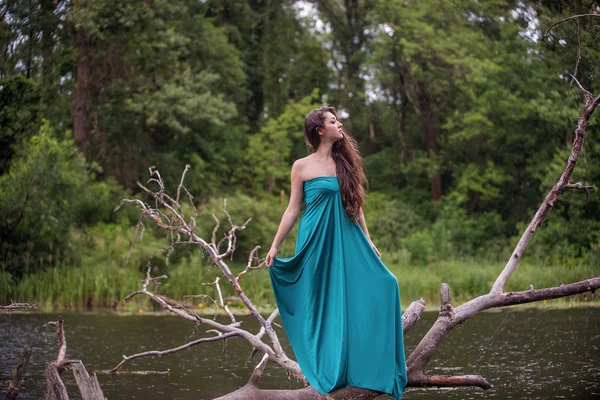 Dívka, která nosí šaty stojí v řece u lesa — Stock fotografie