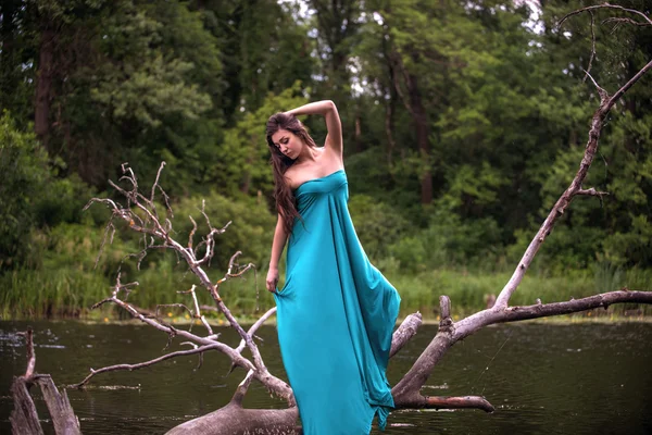 Mädchen mit Kleid steht in Fluss in Waldnähe — Stockfoto