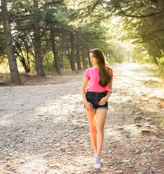 Beautiful young woman in against the sun background — Stock Photo, Image