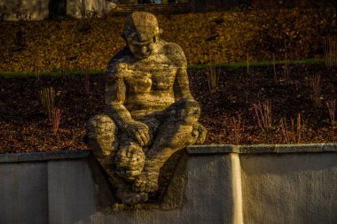 Riga, Letonya. Fotoğraf Grizinkalns Park 'ta çekildi. Sonbaharda park et ve yedek bırak. Sonbahar arkaplanı. Sonbahar ormanı. Yere düşen yapraklar. Sarı sonbahar ormanı