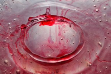 Renkli su damlası, daire şeklinde dalgalar, biraz su, yakın plan..