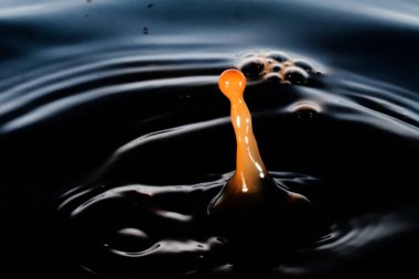 Renkli su damlası, daire şeklinde dalgalar, biraz su, yakın plan..