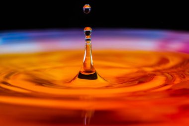 Renkli su damlası, daire şeklinde dalgalar, biraz su, yakın plan..