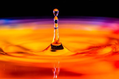 Renkli su damlası, daire şeklinde dalgalar, biraz su, yakın plan..