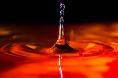 Renkli su damlası, daire şeklinde dalgalar, biraz su, yakın plan..