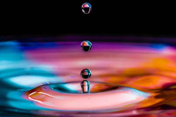 Colored water drop, circle ripples, splash of water, closeup.