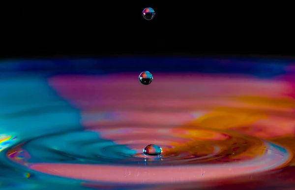 Colored water drop, circle ripples, splash of water, closeup.