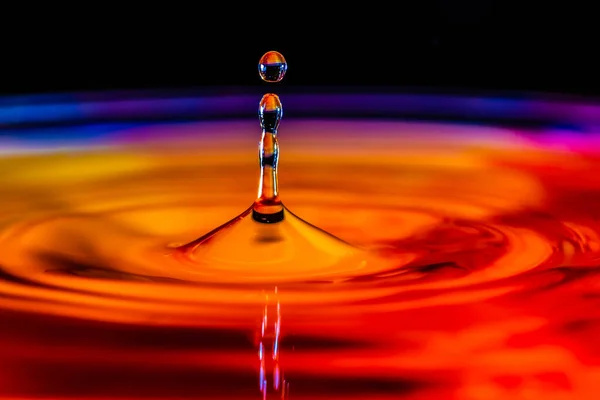 Colored water drop, circle ripples, splash of water, closeup.