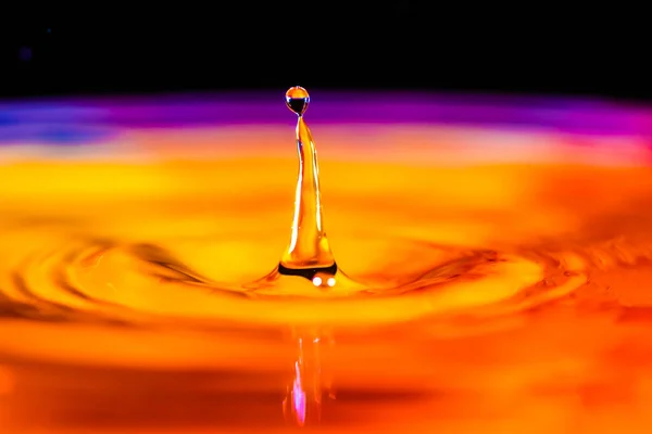 Colored water drop, circle ripples, splash of water, closeup.