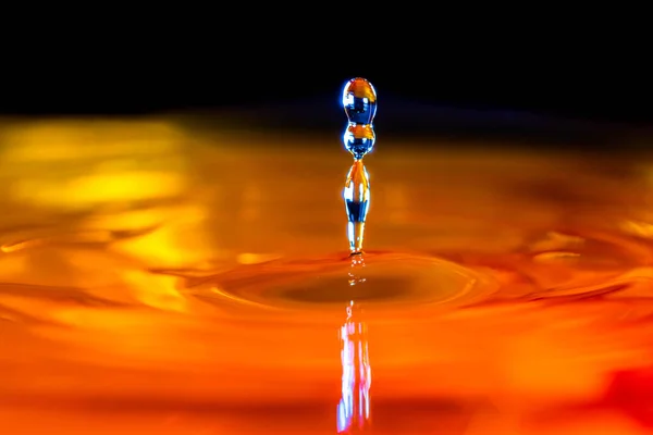 Colored water drop, circle ripples, splash of water, closeup.