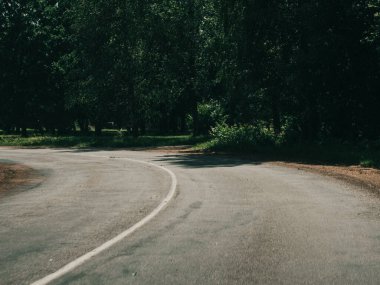 Asfalt karayolu çevresi orman, yol işareti, kara taşımacılığı ve seyahat arka planıyla çevrili.