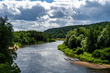 Temmuz ayında Sigulda, Letonya 'da yaz mevsiminde ormanla çevrili Gauja Nehri manzarası