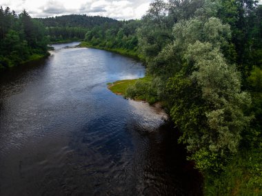 Temmuz ayında Sigulda, Letonya 'da yaz mevsiminde ormanla çevrili Gauja Nehri manzarası