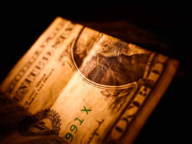 Bir dolarlık banknotun Macro fotoğrafı. George Washington 'ın portresi bir dolarlık yakın çekim makrosu üzerinde..