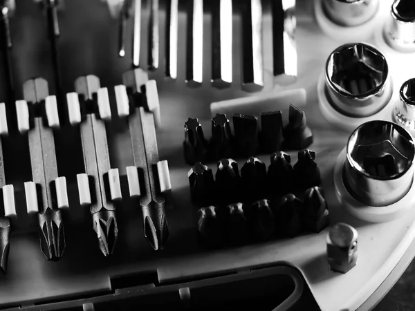 Display of tools shop marketing for home and auto repair. Selective focus. Macro.