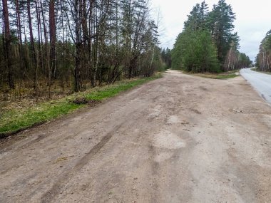 Orman Yolu 'nun manzarası, Bahar akşamının erken saatlerinde ormanın derinliklerinde, üzerinde lastik izleri olan, seçici bir odak noktası.