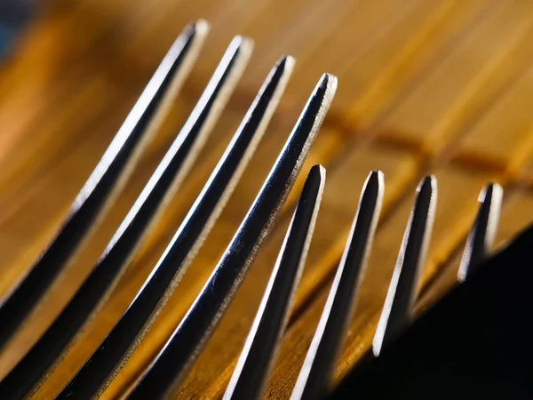 Fondo Utensili Cucina Tavolo Cucina Legno Messa Fuoco Selettiva Dof — Foto Stock