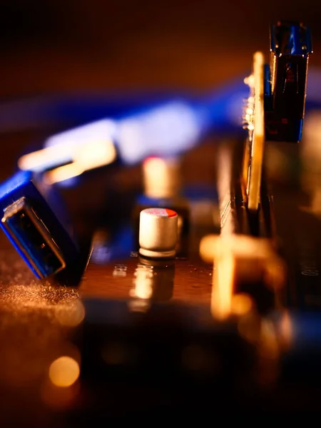 Riser for mining on video card. Device for collecting a mining farm. Mining board.Microcircuit for connecting video card. Selective focus. Macro.