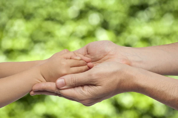 Far och son hand i hand på grön bakgrund. — Stockfoto