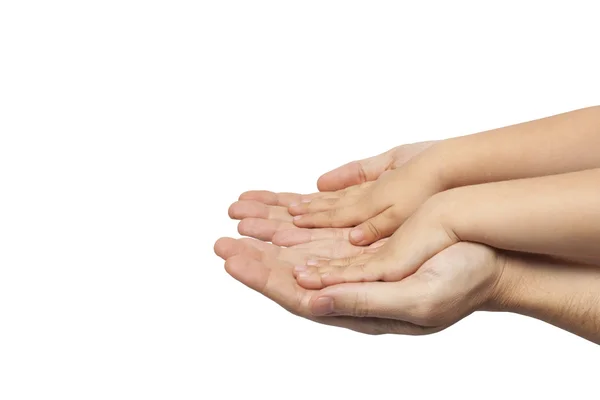 Padre e hijo tomados de la mano sobre fondo blanco . —  Fotos de Stock