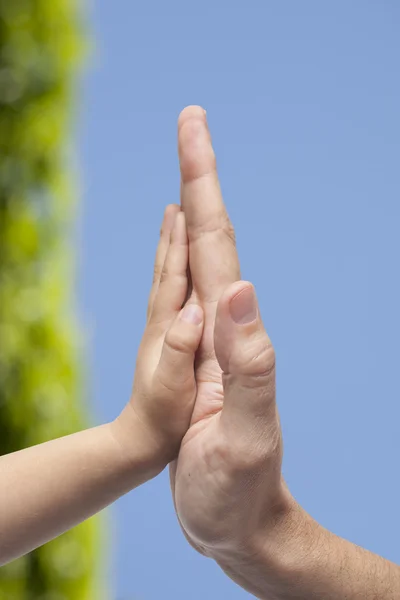 Padre e hijo en alto gesto de cinco sobre un fondo natural borroso . — Foto de Stock