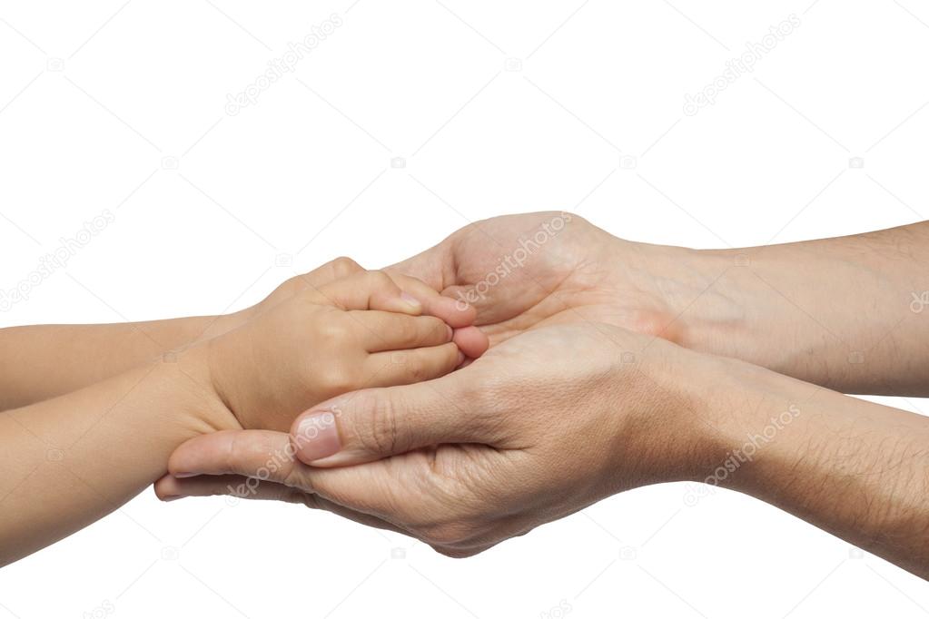 Father and son holding hands on white background.