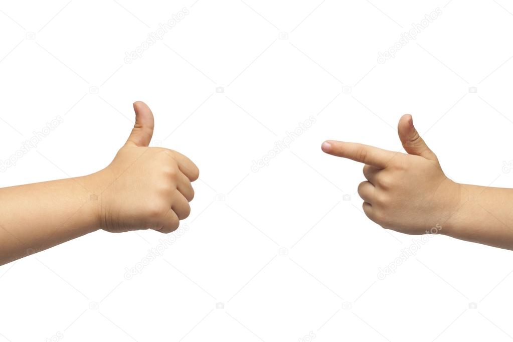 Baby boy giving like and pointing, or gun gesture, on white background.