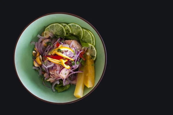 검은 배경에 연어 페루 ceviche — 스톡 사진