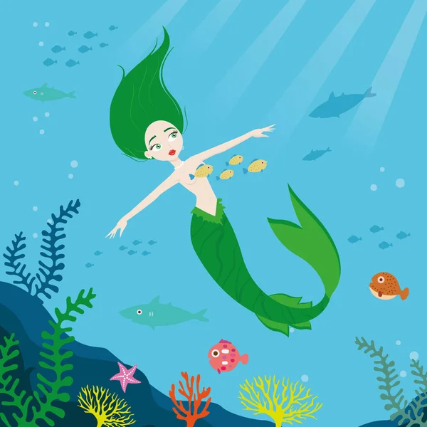 Mermaid swims underwater at the bottom of the sea — Stock Vector