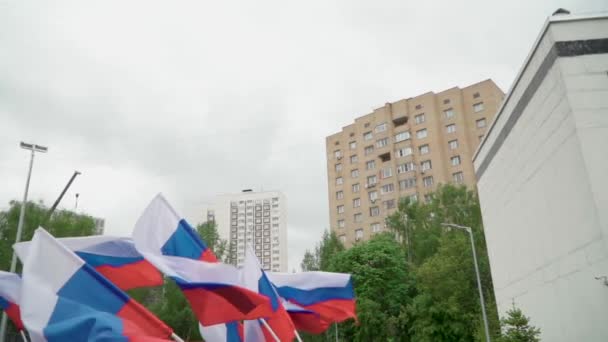 Muitas bandeiras da Rússia agitam-se ao vento — Vídeo de Stock