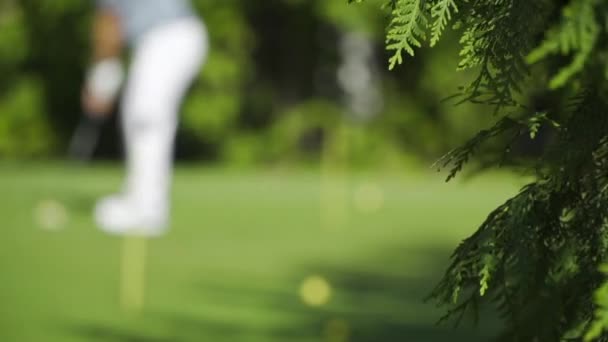Мужчина играет в гольф на турнире — стоковое видео