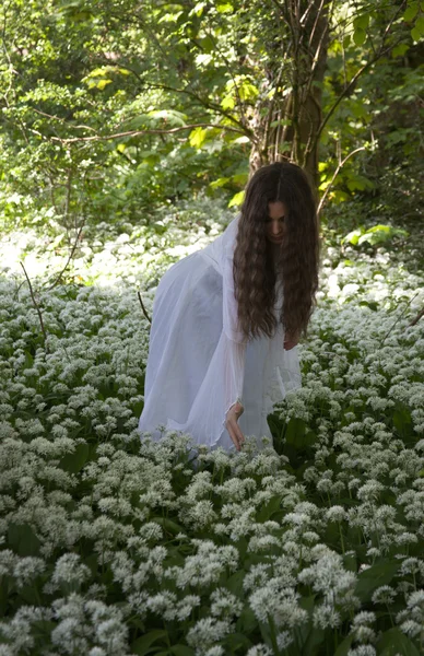 Красивая женщина в длинном белом платье собирает цветы в лесу — стоковое фото