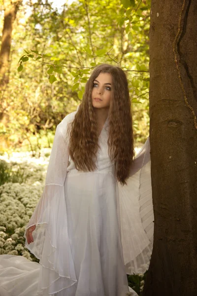 Belle femme portant une longue robe blanche appuyée contre un arbre — Photo