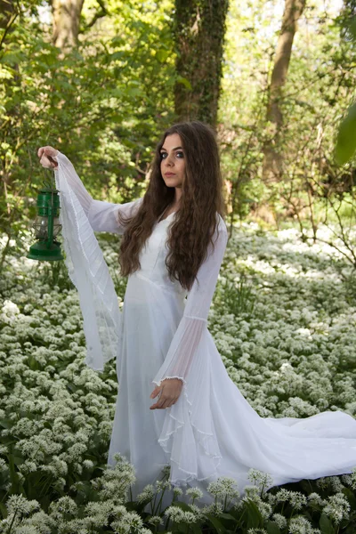 Mooie vrouw draagt een lange witte jurk staande in een forest — Stockfoto
