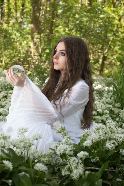 美丽的年轻女子，拿着水晶球的森林中 — 图库照片
