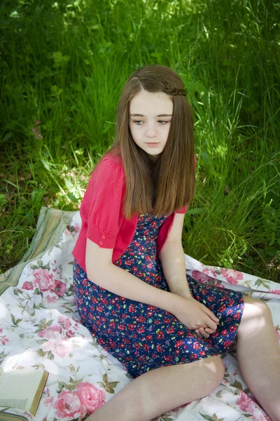 Menina adolescente bonita sentada em um cobertor em um prado — Fotografia de Stock